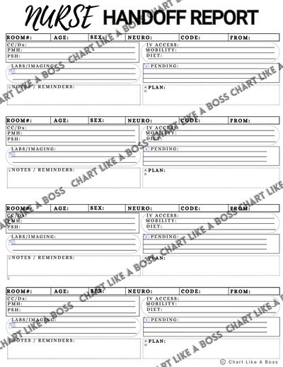 4 Patient WHITE Printable Handoff Report Sheet