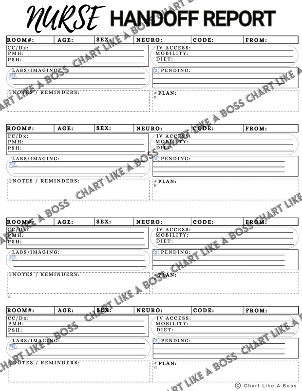 4 Patient WHITE Printable Handoff Report Sheet – Ink and Needle